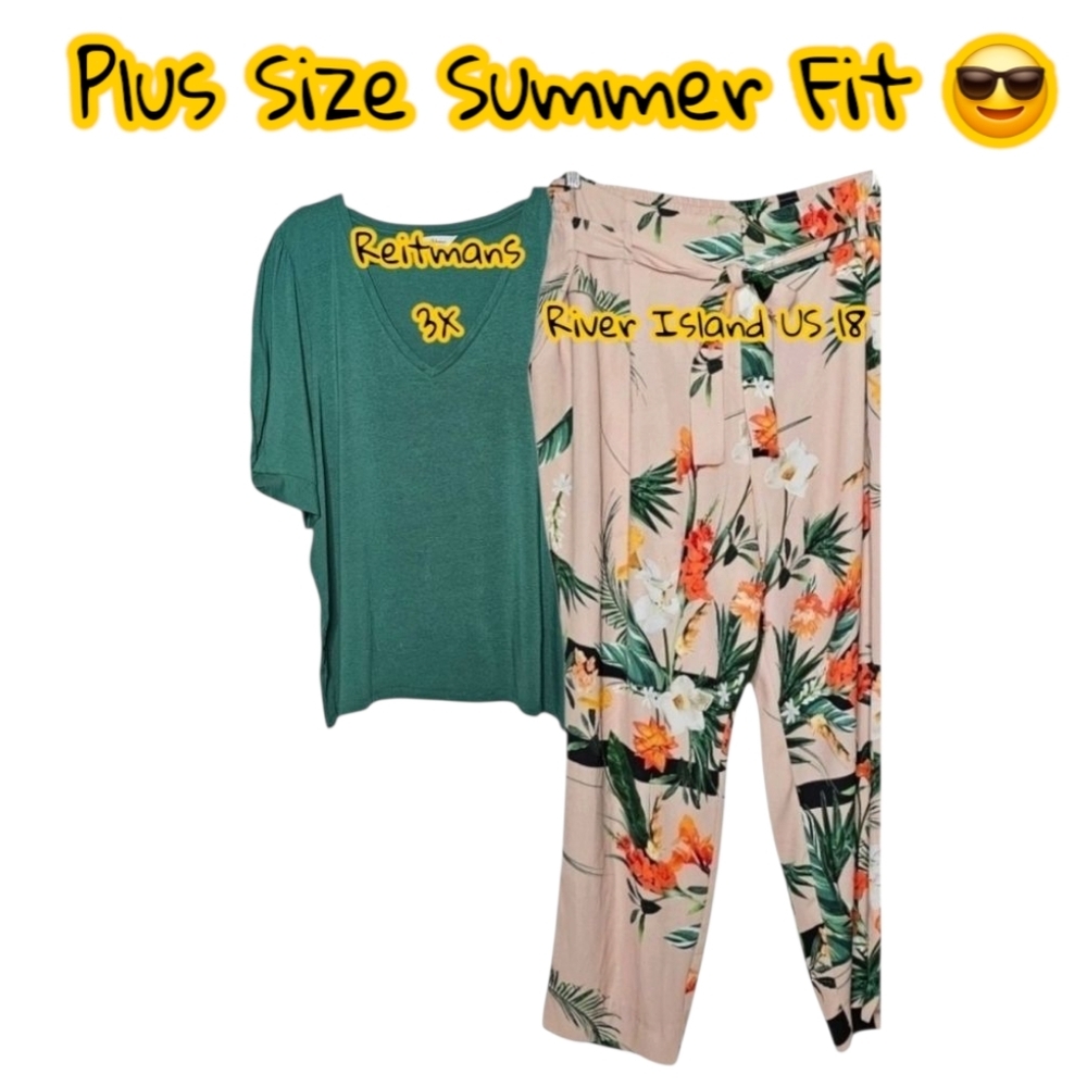 River Island Tropical Trousers 18 w Pockets Green V-neck Ruched Short Sleeve 3X